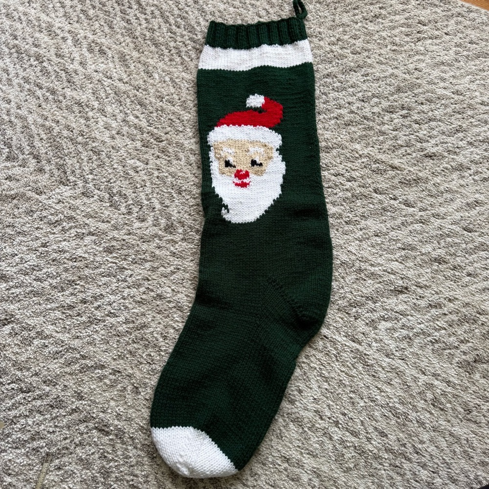 Festive Green Santa Christmas Hand Knit Wool Stocking NWOT